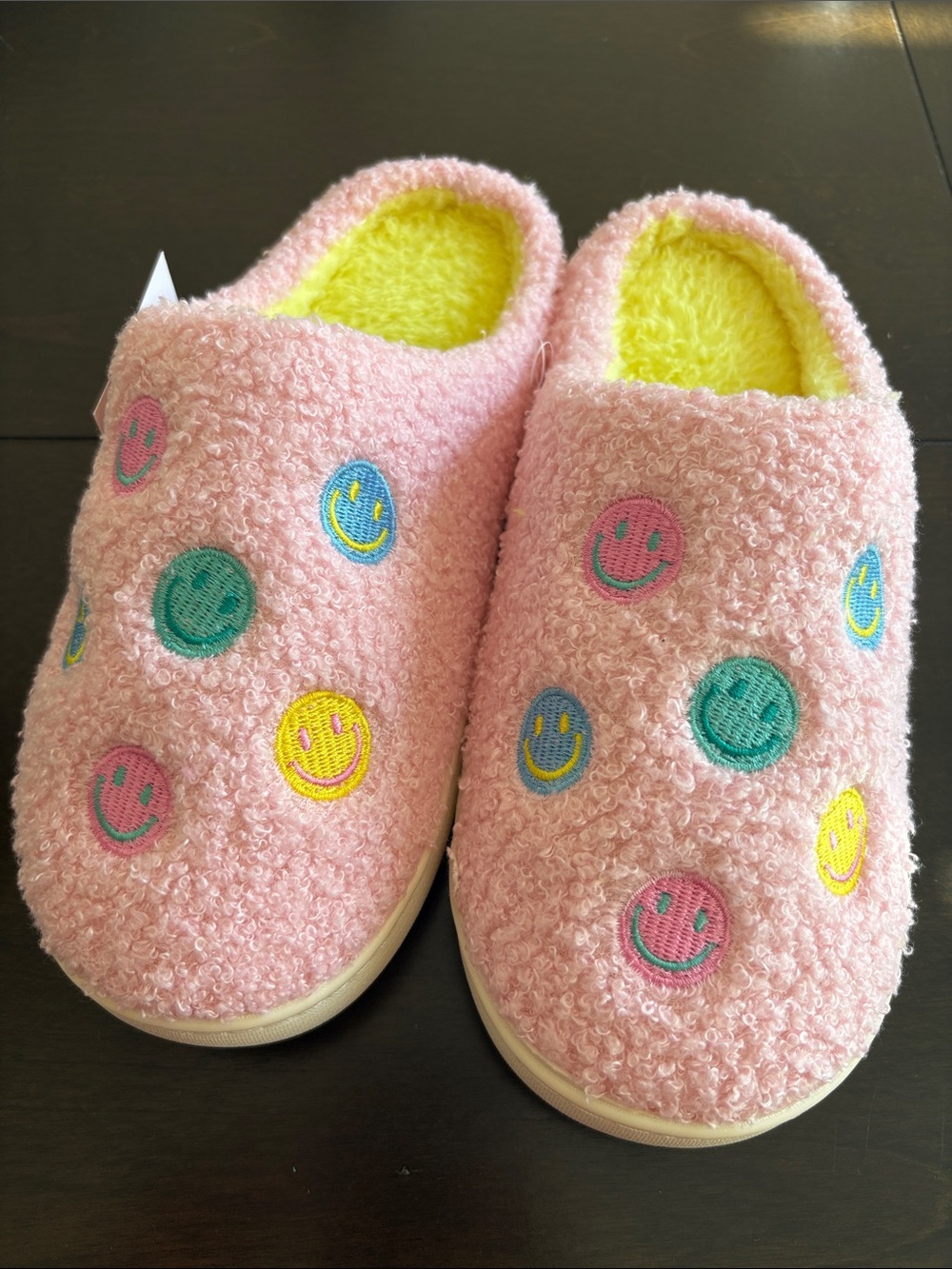 Cozy Pink Fuzzy Slip-On One Piece Slipper Shoes Embroidered Smiles L 9 9.5 10
